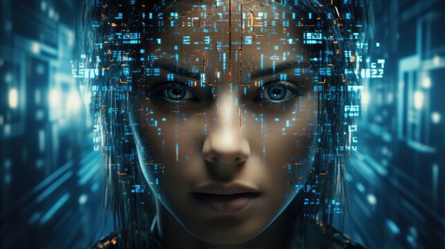 Cyberhumanoid girl robot with blue eyes and binary code represents AI, artificial intelligence and future technology..