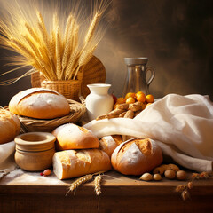 wheat and loaves of bread laying on a table