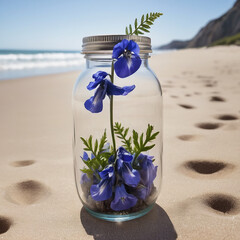 A Captivating Aconitum Flower Jar Amidst Beach Serenity AI GENERATED