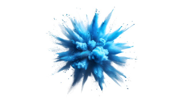 Aerial View of Abstract Upward Explosion of Fine Bright Blue Color Powder isolated against transparent background-Artistic.