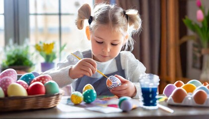 Fototapeta na wymiar Child Painting Eggs - Painting Easter Eggs on the Day of Easter 