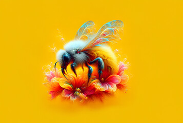 fluffy bee with transparent wings collecting flower pollen against  yellow background, generative ai - obrazy, fototapety, plakaty