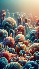 Fototapeta premium Surreal Coral Reef Ecosystem Art. Surreal artwork of a vibrant coral reef ecosystem.