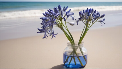 A Captivating Agapanthus FLOWER Jar Amidst Beach Serenity AI GENERATED