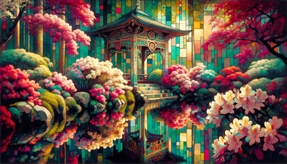 Obraz premium Enchanted Floral Garden and Pavilion Art. Artwork of an enchanted garden with a colourful pavilion.