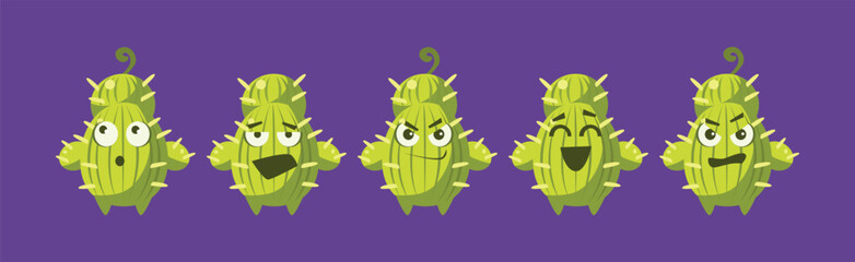 Funny Green Prickly Cactus Character Show Emotion Vector Set