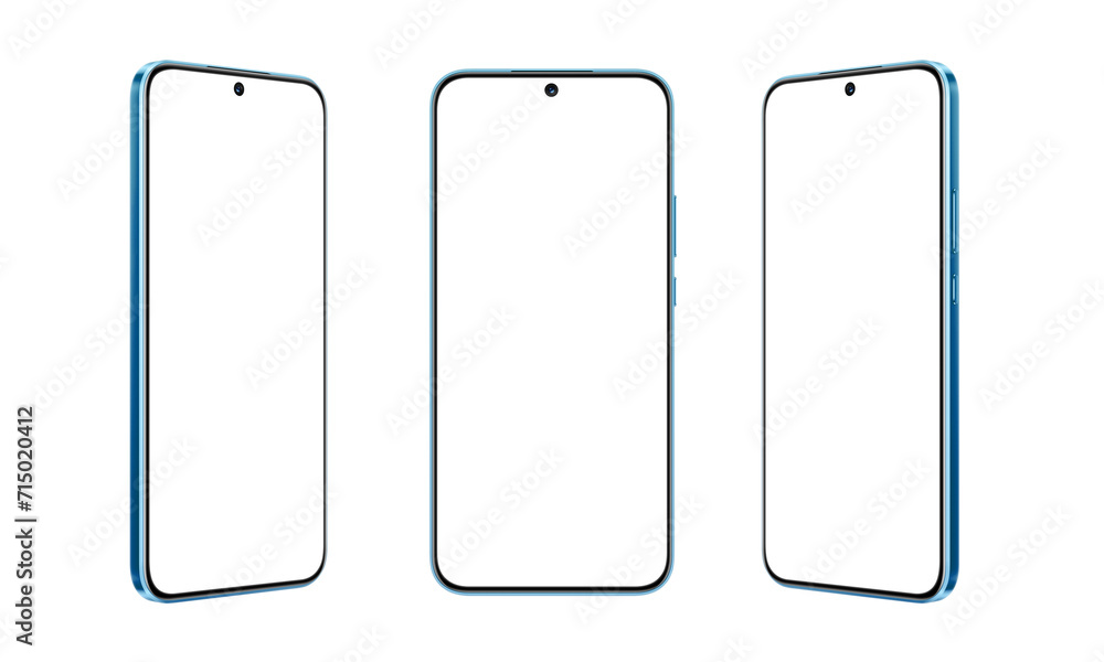 Poster blue smartphone transparent, showcasing three positions for app presentations. clear screen for cust