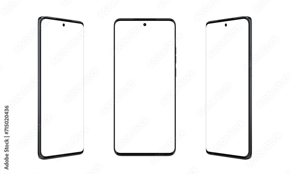 Poster modern smartphone with thin, round edges in three positions, transparent. versatile phone mockup for