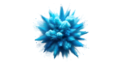 Aerial View of Abstract Upward Explosion of Fine Bright Blue Color Powder isolated against transparent background-Artistic.