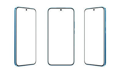 Blue smartphone transparent, showcasing three positions for app presentations. Clear screen for customization