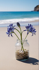 A Captivating Agapanthus FLOWER Jar Amidst Beach Serenity AI GENERATED
