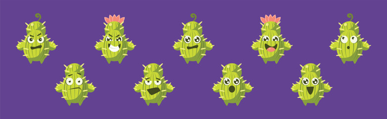 Funny Green Prickly Cactus Character Show Emotion Vector Set