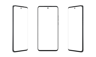 Modern smartphone with thin, round edges in three positions, transparent. Versatile phone mockup...