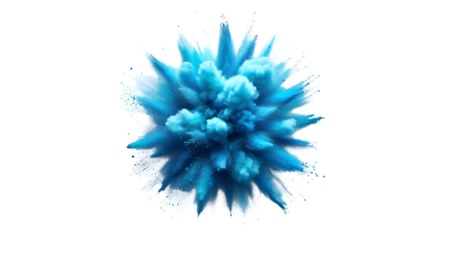 Aerial View of Abstract Upward Explosion of Fine Bright Blue Color Powder isolated against transparent background-Artistic.