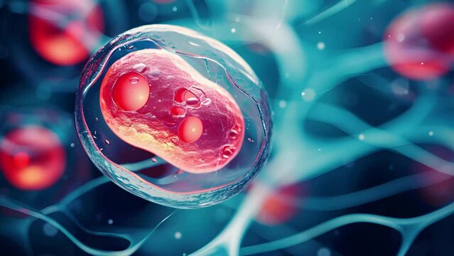 Closeup of a human ovum cell. Genetic engineering of cell, gene manipulation. selective focus
