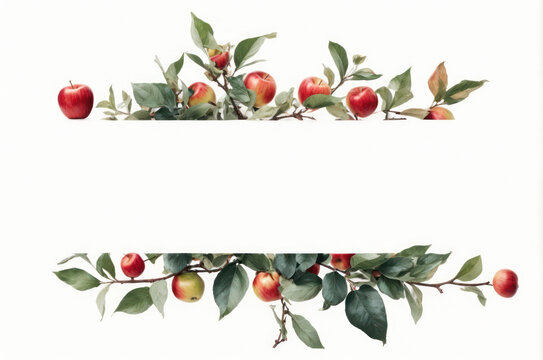 red apple banner with branches leaves isolated on white background