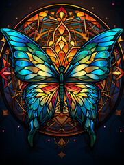 T-shirt design, a mosaic butterfly, its wings composed of vibrant stained glass patterns, shimmering in shades of ruby created with Generative Ai