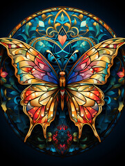 T-shirt design, a mosaic butterfly, its wings composed of vibrant stained glass patterns, shimmering in shades of ruby created with Generative Ai