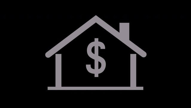 Graphic animation of appearance and disappearance of residential building with dollar sign on black background.