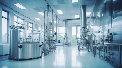 Large production facility with metal tanks and lab equipment. Advanced technology. Interior of a biopharmaceutical medicine factory.