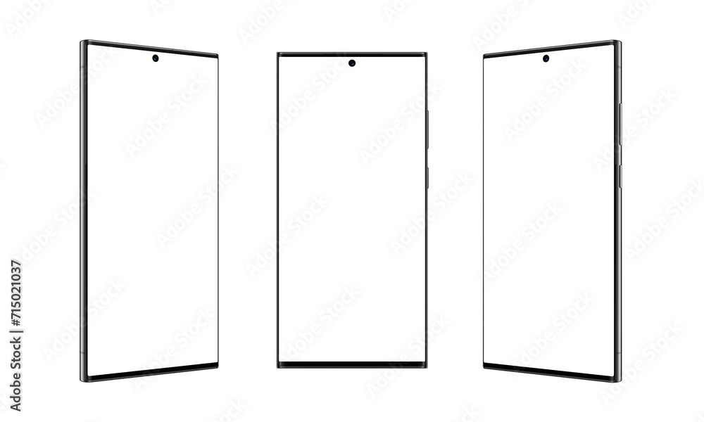 Sticker three positions of a modern square shape smartphone with thin, sharp edges, transparent