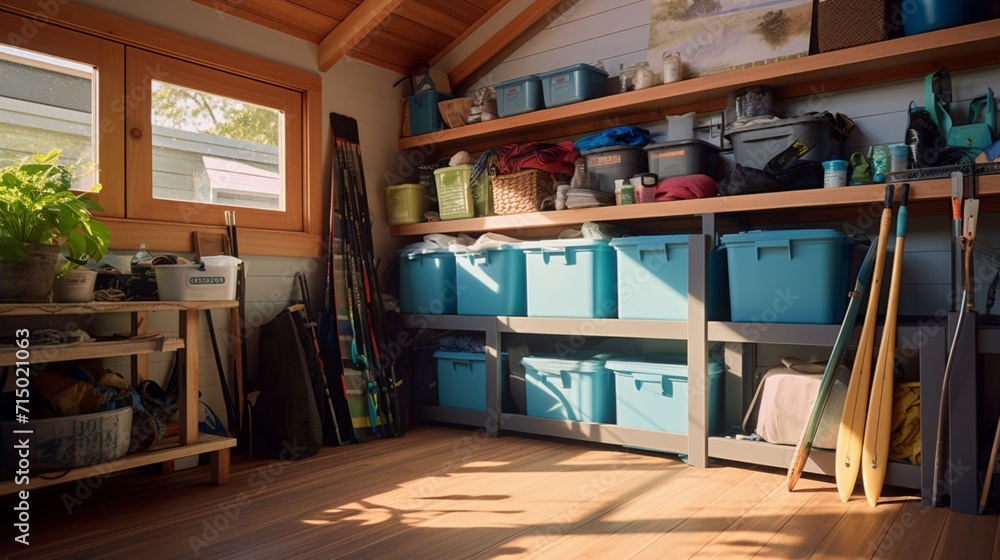 Poster serene coastal-style garage with beachy color palette and oceanic vibes - ai-generative