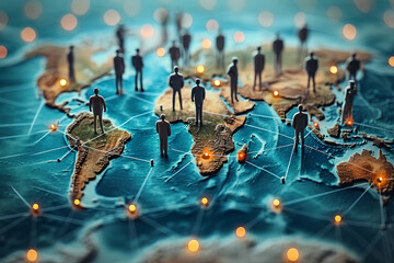 A group of people standing on top of a world map. Can be used to represent teamwork, global collaboration, or international business