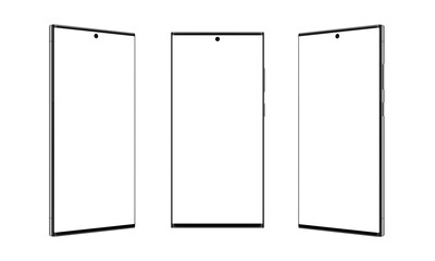 Three positions of a modern square shape smartphone with thin, sharp edges, transparent