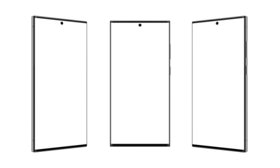Three positions of a modern square shape smartphone with thin, sharp edges, transparent