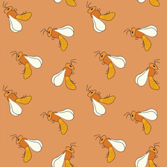 Seamless pattern with bees on color background. Small wasp. Vector illustration. Adorable cartoon character. Template design for invitation, cards, textile, fabric. Doodle style