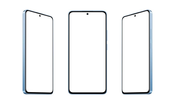 Blue, modern smartphone mockup with thin, round edges, displayed in three positions, transparent