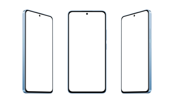 Blue, modern smartphone mockup with thin, round edges, displayed in three positions, transparent