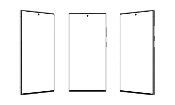 Three positions of a modern square shape smartphone with thin, sharp edges, transparent