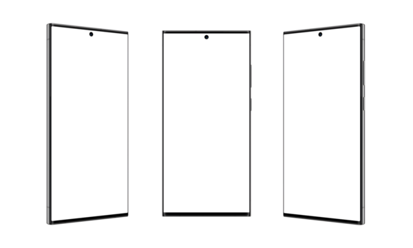 Three positions of a modern square shape smartphone with thin, sharp edges, transparent