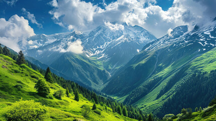 Fototapeta na wymiar A breathtaking view of snow-capped peaks and lush valleys in the majestic Alps