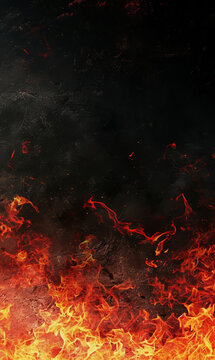 Burning flames from the bottom of dark grungy vertical background.