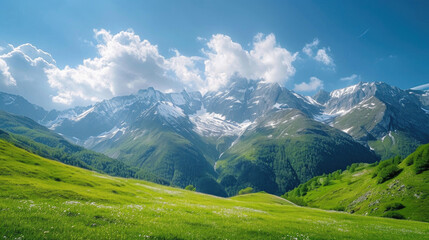 A breathtaking view of snow-capped peaks and lush valleys in the majestic Alps