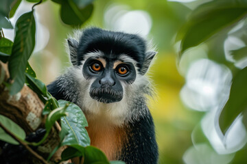 Obraz premium The portrait of a diana monkey on a tree in a tropical zone