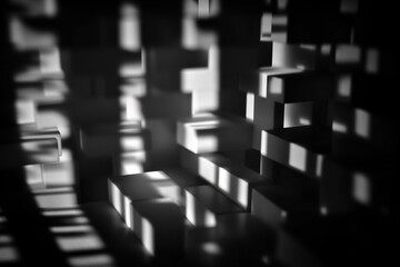 Graphic resources. Abstract black and white shadows mosaic background. Sunlight illuminating room or object through pattern grid makes shadow split in small geometric shape pieces