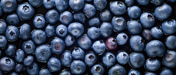 Foto op Aluminium Fresh wet bilberry or blueberry fruits with water drops, closeup macro detail, wide banner. Generative AI © Lubo Ivanko