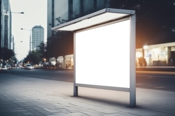 Empty white lightbox mockup at a public transportation stop in the city at dusk