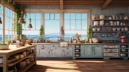 Inviting Coastal Style Kitchen with Rustic Weathered Wood Accents - AI-Generative