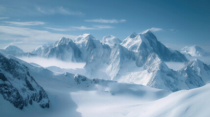 The serene beauty of the Alps adorned with pristine snow covering the towering peaks