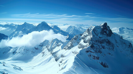 The serene beauty of the Alps adorned with pristine snow covering the towering peaks