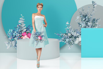 A beautiful blonde woman, adorned in a retro-style dress and hairdo, striking a pose in a studio adorned with flowers. Perfect for vintage fashion or nostalgic concepts