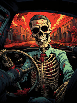 T-shirt design, an eerie depiction of a skeleton, gripping the steering wheel within a car's confines created with Generative Ai