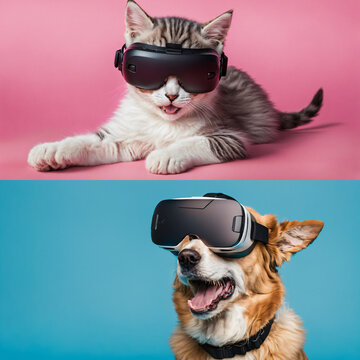 A cat and a dog, wearing VR, are enjoying themselves in the virtual world