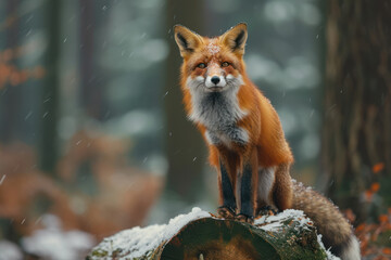 Fototapeta premium Red fox in the nature forest habitat wide angle lens picture. Animal with tree trunk with first snow. Vulpes vulpes, in green forest during winter