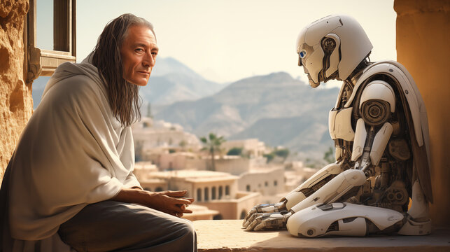 Mature man with long hair is having a conversation with a cyborg, with ancient city in the background. Exchange of knowledge. Past, present and future.