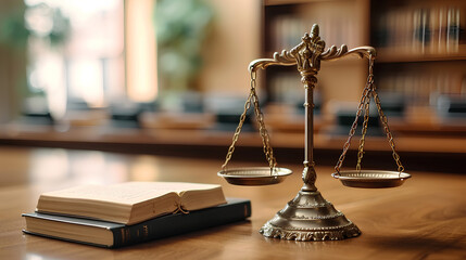A wooden desk with a scale of justice on top. Suitable for legal and justice-related concepts - obrazy, fototapety, plakaty